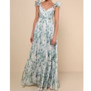 NEW Lulus Soiree Perfection Light Blue Green Floral Ruffled Tiered Maxi Dress